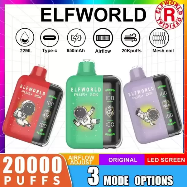 Elfworld PLUS 25K 20000 Puffs 0% 2% 3% And 5% Nicotine LCD Screen Display 22ml E-liquid Capacity Display Disposable Vape 33 Elfworld PLUS 20000 Puffs nicotine strengths: 0%, 2%, 3%, and 5% LCD Screen Display 22ml e-liquid capacity Display Disposable Vape