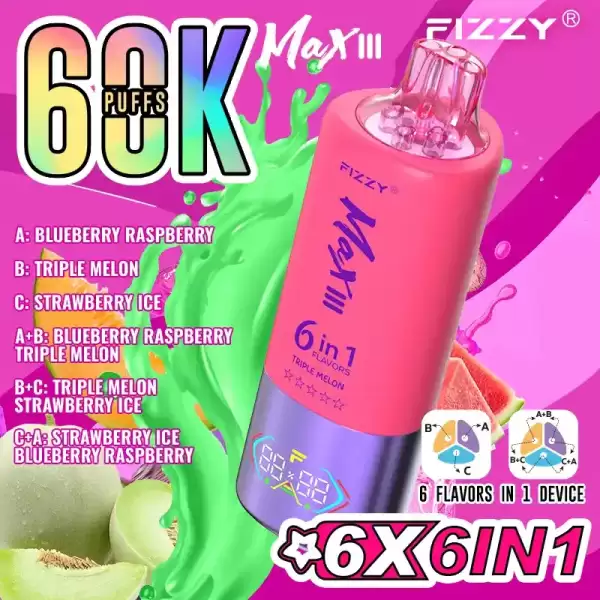 Fizzy Max III 6in1 60K (60000) Puffs Blueberry Raspberry Triple Melon Strawberry Ice Disposable Vape 1 Fizzy Max III 6in1 60K (60000) Puffs LCD Display 60ml E-liquid 850 mAh Battery 2% 5% Nicotine 10 Flavors Disposable Vape