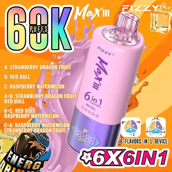 Fizzy Max III 6in1 60K (60000) Puffs Strawberry Dragon Fruit Red Bull Raspberry Watermelon Disposable Vape 1 Fizzy Max III 6in1 60K (60000) Puffs LCD Display 60ml E-liquid 850 mAh Battery 2% 5% Nicotine 10 Flavors Disposable Vape