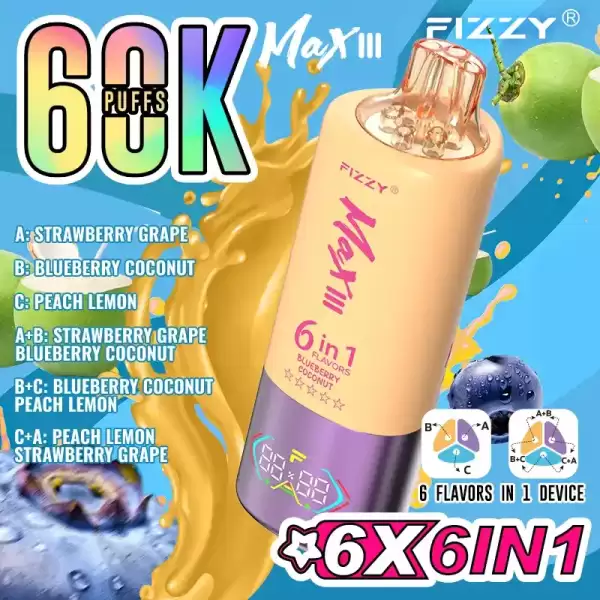 Fizzy Max III 6in1 60K (60000) Puffs Strawberry Grape Blueberry Coconut Peach Lemon Disposable Vape 1 Fizzy Max III 6in1 60K (60000) Puffs LCD Display 60ml E-liquid 850 mAh Battery 2% 5% Nicotine 10 Flavors Disposable Vape
