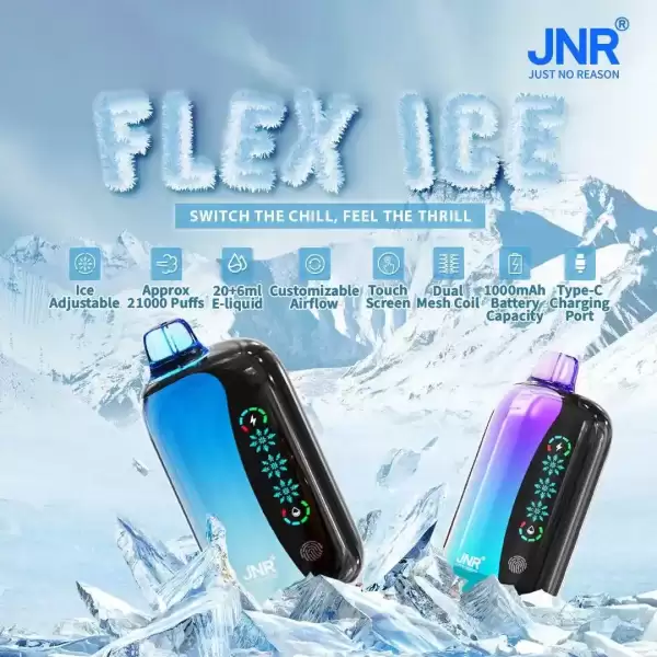 JNR Flex Ice 21K (21000) Puffs 0% 2% 5% Nicotine 26ml E-liquid 1000mAh Rechargeable Battery LED Display Disposable Vape 1 JNR Flex Ice 21K (21000) Puffs 0% 2% 5% Nicotine 26ml E-liquid 1000mAh Rechargeable Battery LED Display Disposable Vape